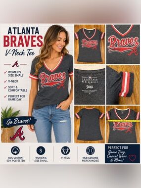 Atlanta Braves Women’s Small V-Neck Tee Campus Lifestyle MLB Baseball